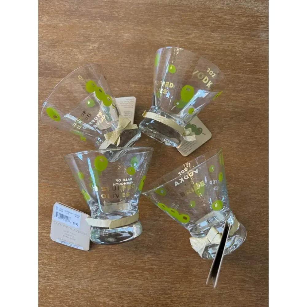 RARE Saks Fifth Ave Martini Glass Set Olive Print 4pc NWT